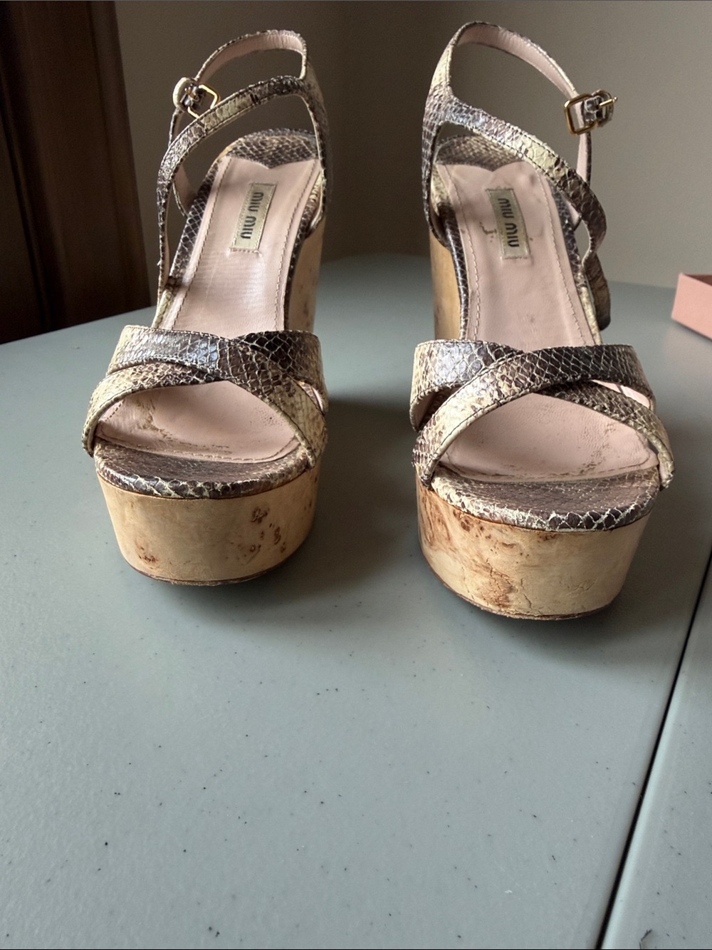 MIU MIU Roccia Python Snake-Embossed Leather Wood Wedge Platform Sandal Size 39